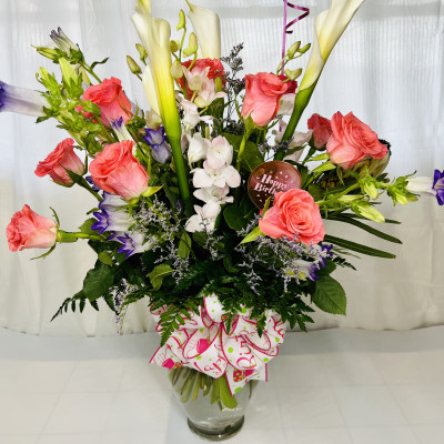 Dozen Roses, Orchid and Cala Lilies
