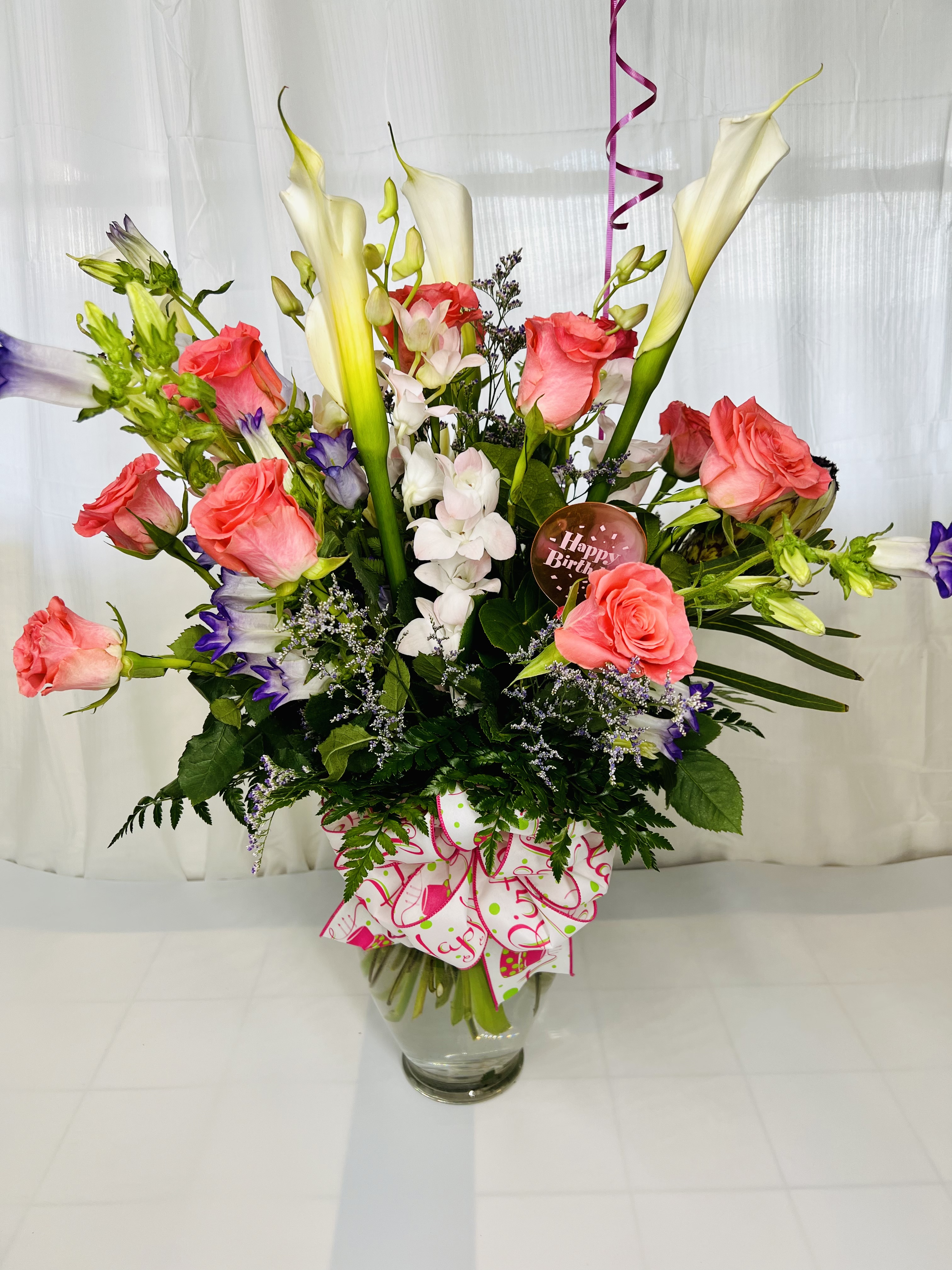Dozen Roses, Orchid and Cala Lilies