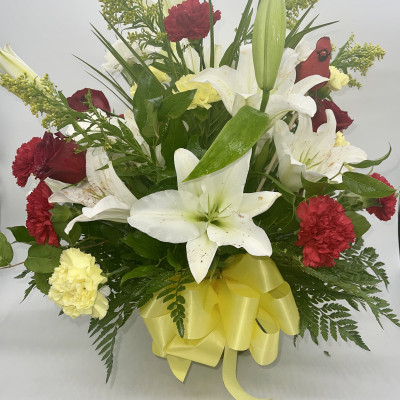 Basket Arrangement With Lilies Carnations And Roses