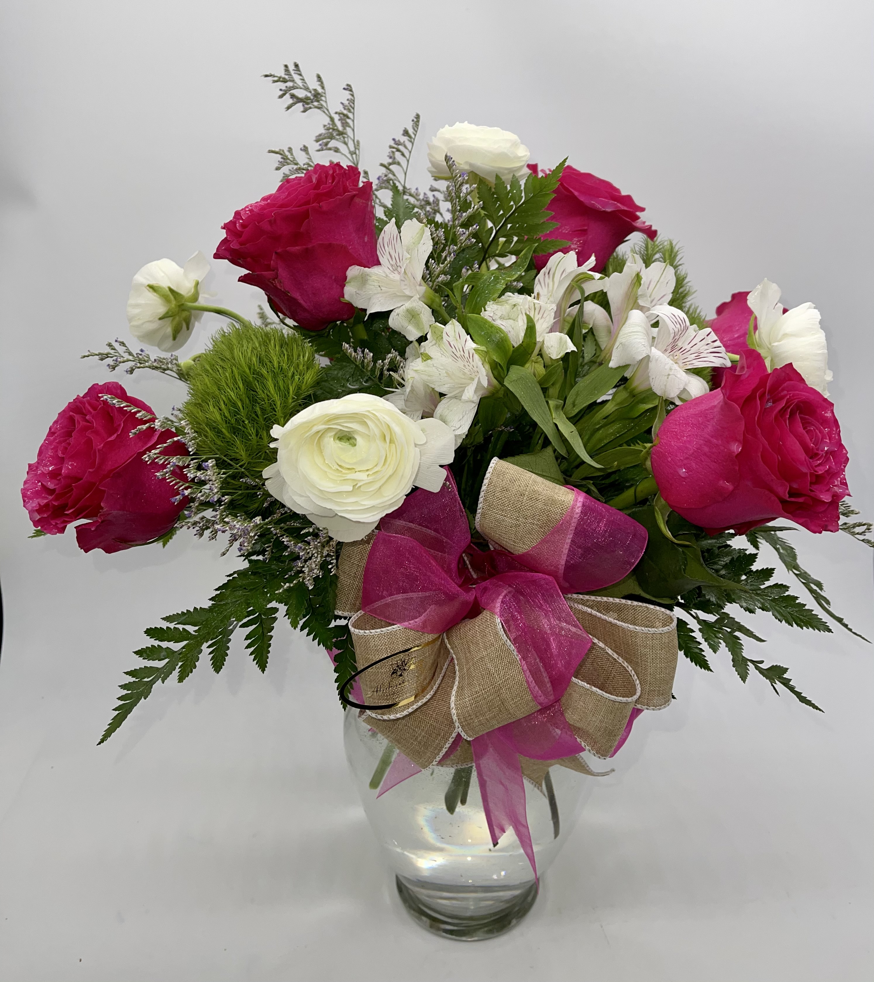 6 pink roses with 6 ranunculus