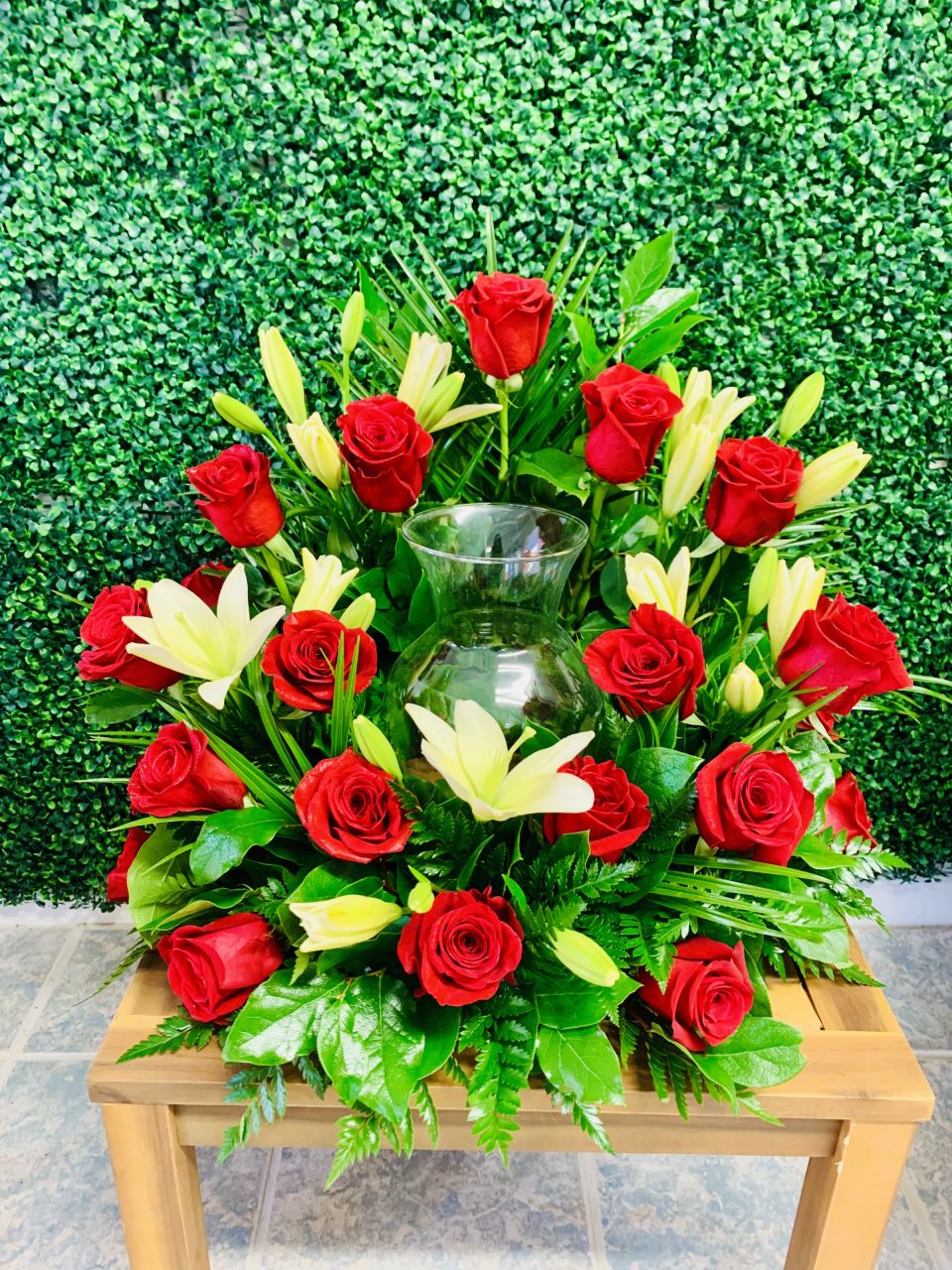 Rose and Lily Cremation Arrangement — Alabaster Florist