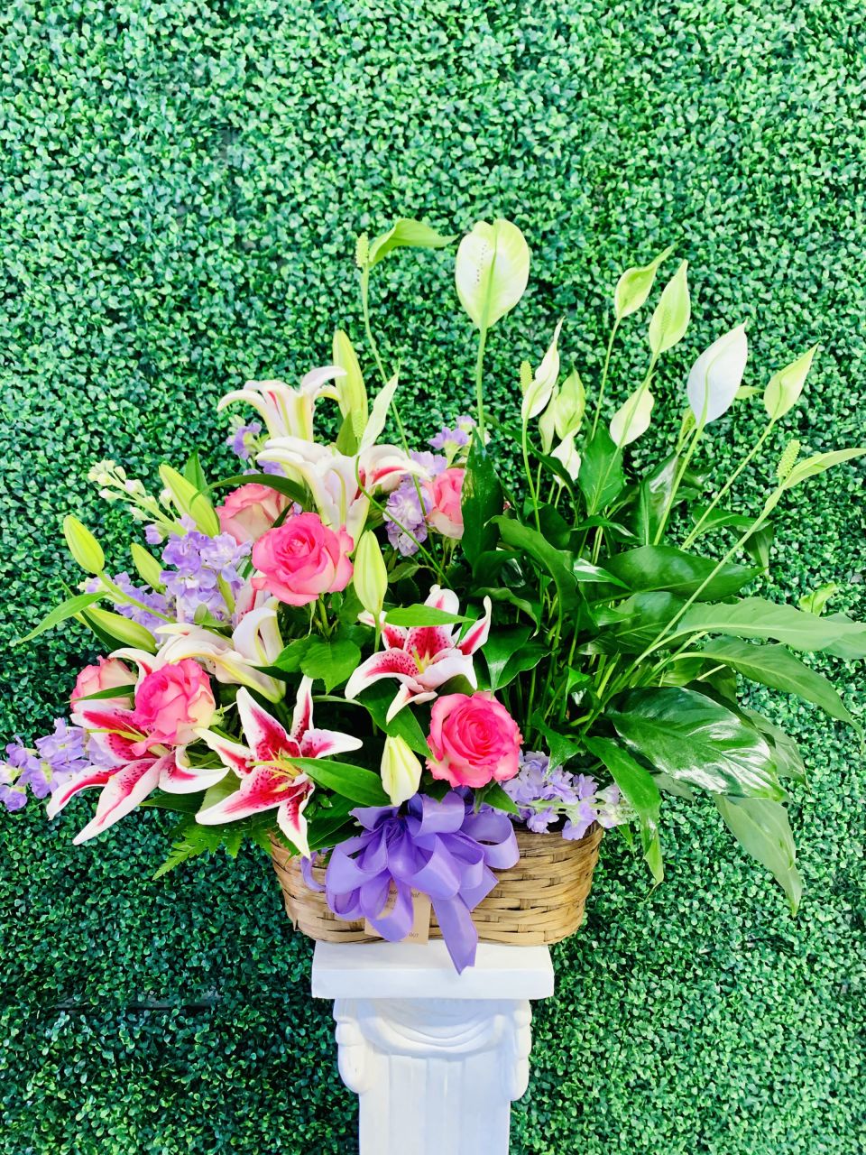 Small Peace Lily with Rose and Lily Arrangement — Alabaster Florist